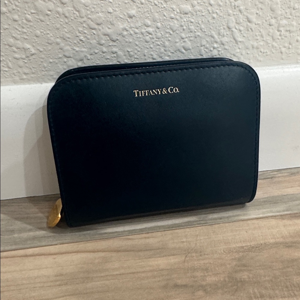 Authentic Tiffany & Co. Navy Leather Zipper Wallet with Gold Accents